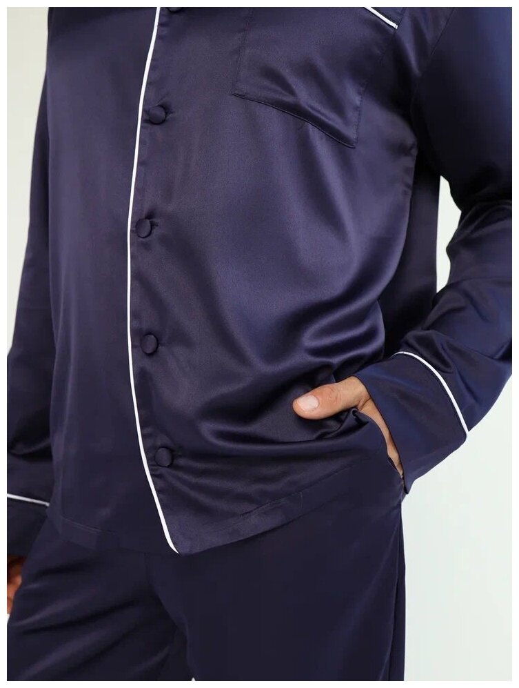 Пижама мужская домашняя (шёлк), комплект с брюками и рубашкой, Цвет синий, Размер 56 - фотография № 3