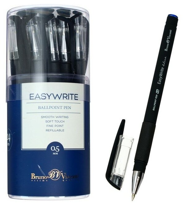 BrunoVisconti Ручка шариковая EasyWrite Black, узел 0.5 мм, синие чернила, матовый корпус Silk Touch