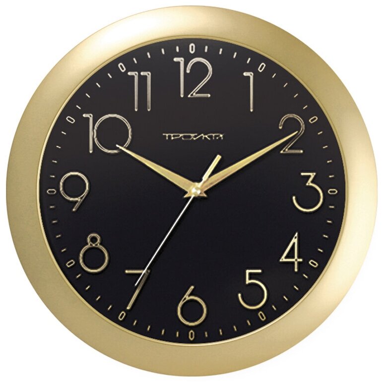 Часы настенные аналоговые Troyka 11171180, черные, золотая рамка, 29х29х3,5см