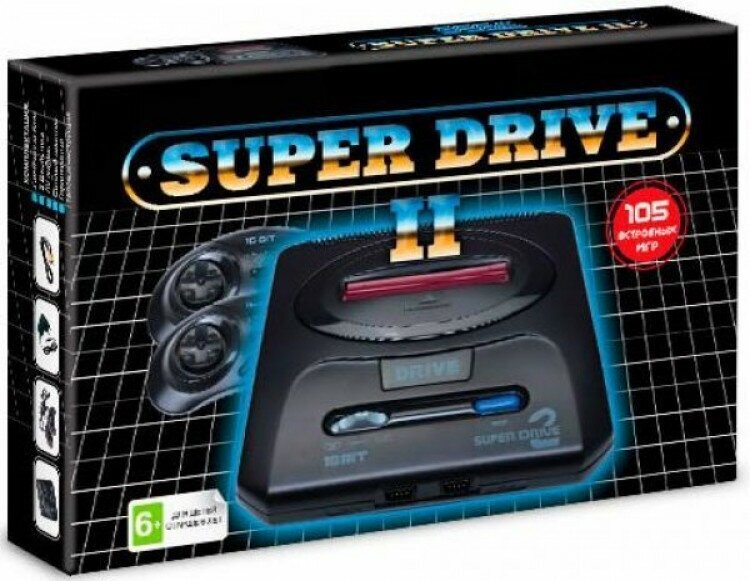Игровая приставка 16 bit Super Drive 2 Classic (105 в 1) + 105 встроенных игр + 2 геймпада (Черная)