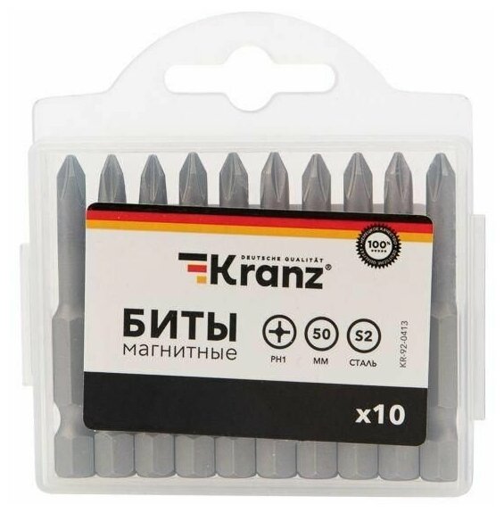 Бита KRANZ стальная PH2х50 мм для шуруповерта с шестигранным хвостовиком Е6,3, 10 штук в коробке - фотография № 17