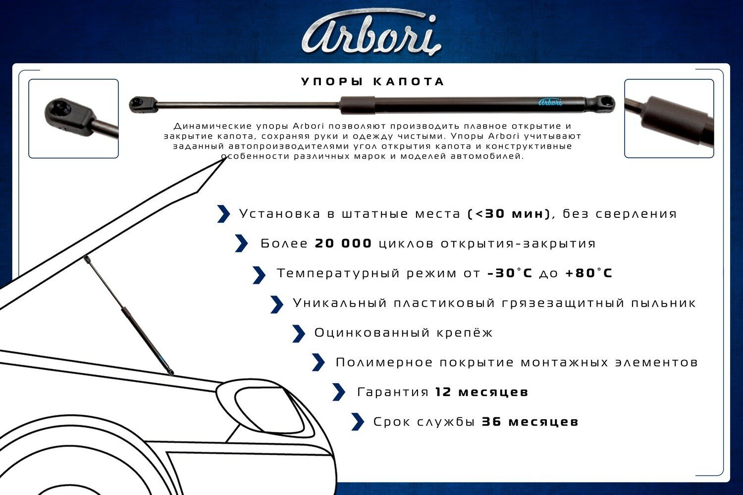 Упоры капота Arbori для VOLKSWAGEN Polo (2020-н. в.)