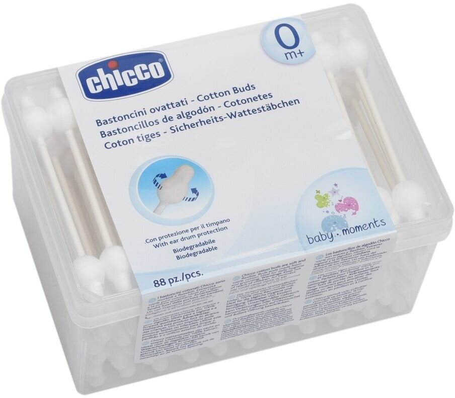 Палочки ватные Chicco 0мес.+ с ограничителем,90 шт