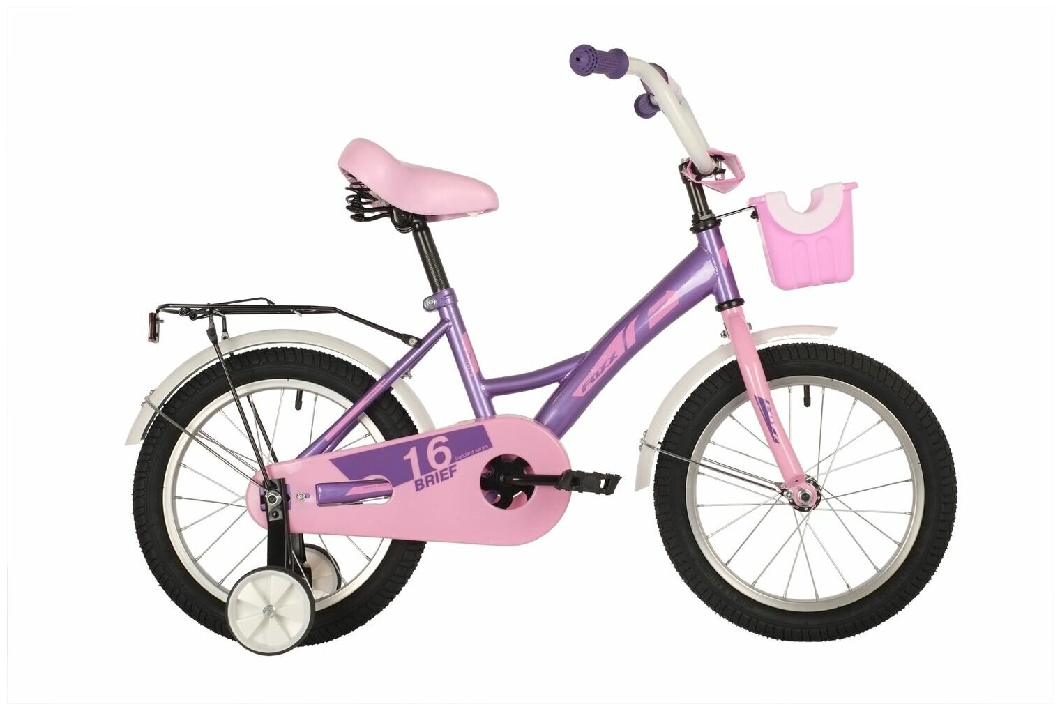 Велосипед FOXX BRIEF 16" (2021) (Велосипед FOXX 16" BRIEF фиолет, сталь, тормоз нож, крылья, багажник, перед. корзина, полная защ. цеп)