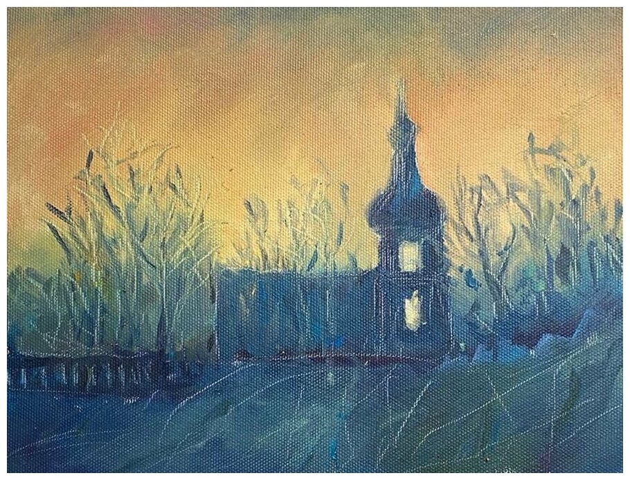 Храм перед рассветом Картина маслом современный художник С. Петербург
