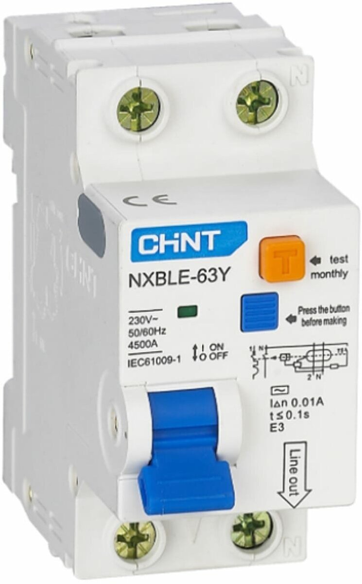 CHINT Диф. автомат NXBLE-63Y 1P+N 16А 30mA электронный тип AС, х-ка С, 4.5kA