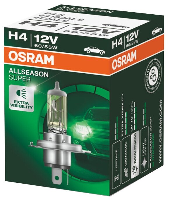 Лампа автомобильная галогенная OSRAM ALLSEASON +30% H4 64193ALS 12V 60/55W P43t 1 шт.