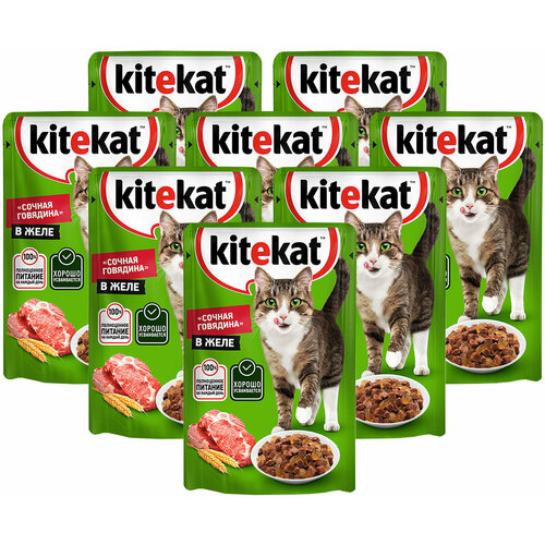 KITEKAT для взрослых кошек с говядиной в желе пауч (85 гр х 8 шт)