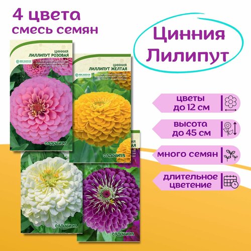 Семена Цинния низкорослая кустовая Лилипут 4 цвета, набор семян: 4 пакета по 0,4 г