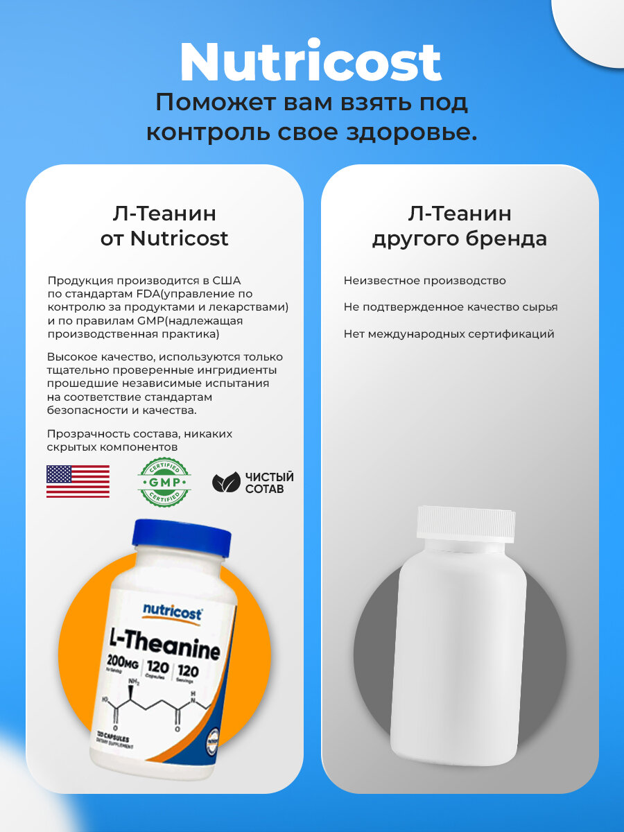 Изображение Л-Теанин Nutricost, 200мг, 120 капсул, поддержка нервной и иммунной системы