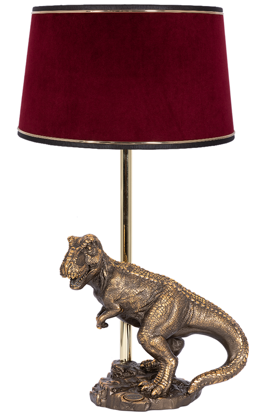 Настольная лампа Bogacho Динозавр Тирекс бронзовая с бордовым абажуром из велюра ручная работа