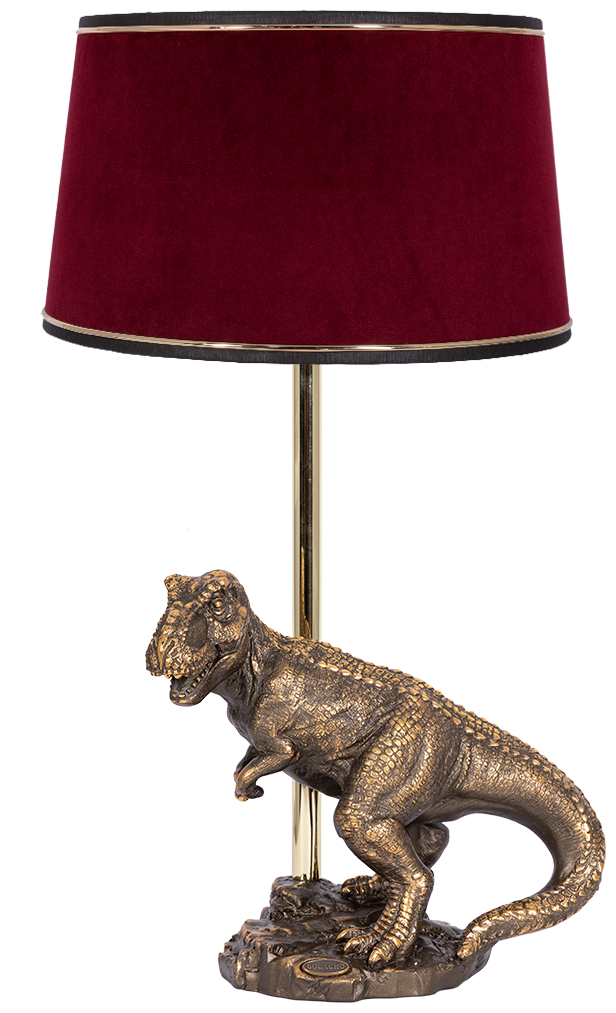 Настольная лампа Bogacho Динозавр Тирекс бронзовая с бордовым абажуром из велюра ручная работа