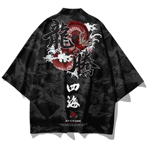 фото Карнавальные костюмы кардиган шелковый оверсайз кимоно накидка хаори дракон красный аниме японский стиль размер l (160-175) vlasov