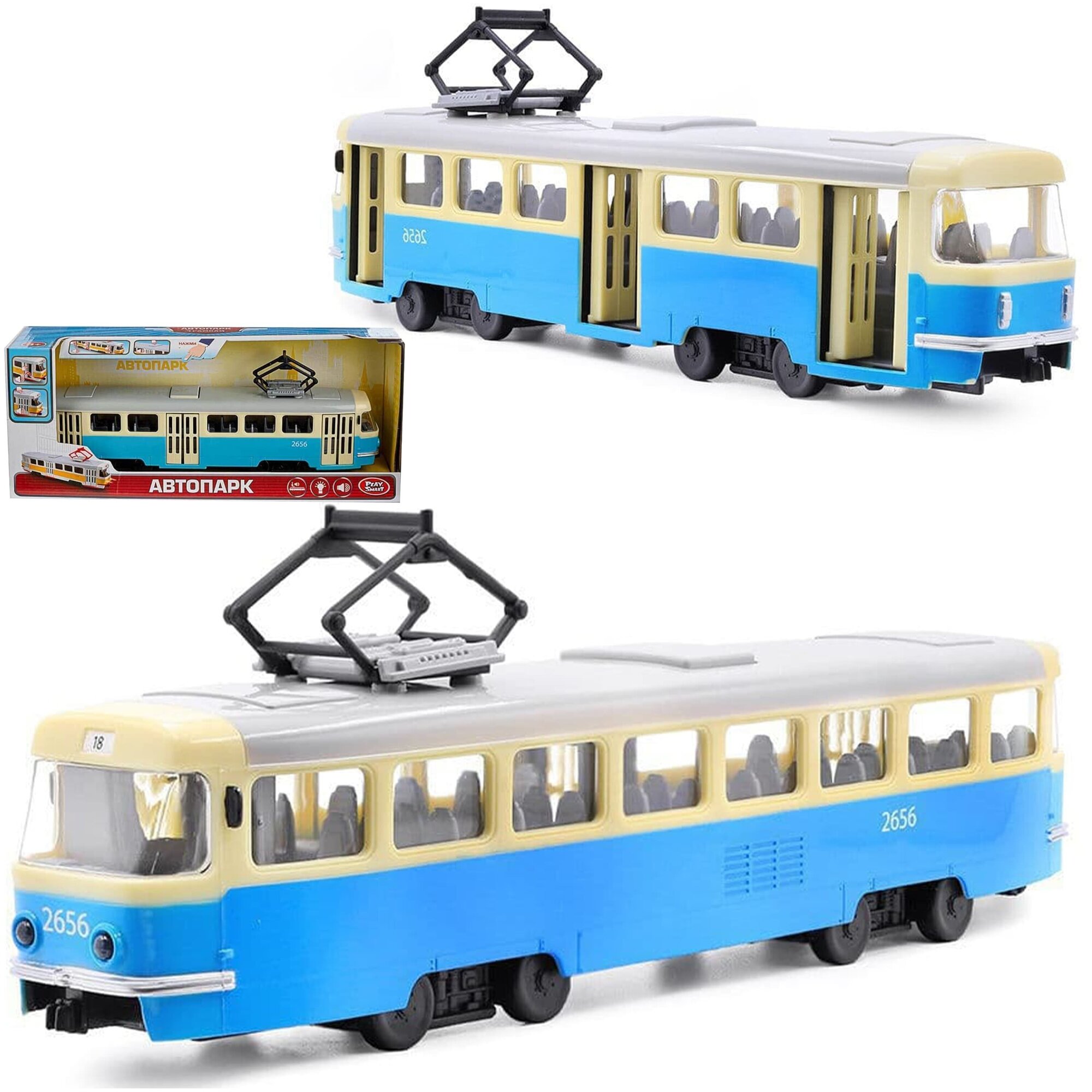 Трамвай инерционный Play Smart 1:54 Tatra T3SU 9708-C Автопарк, свет и звук Голубой