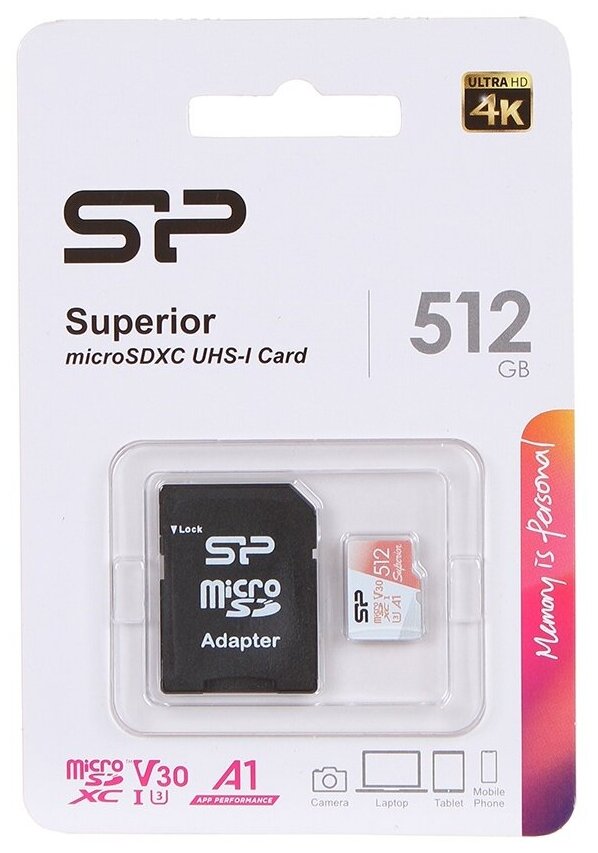 Карта памяти 512Gb - Silicon Power Superior A1 MicroSDXC Class 10 UHS-I U3 SP512GBSTXDV3V20SP с адаптером SD