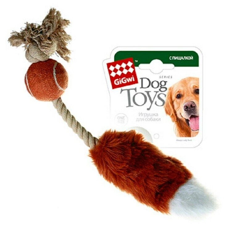 Игрушка для собак GIGWI Dog Toys Мяч на канате с лисим хвостом с пищалкой (40 см)