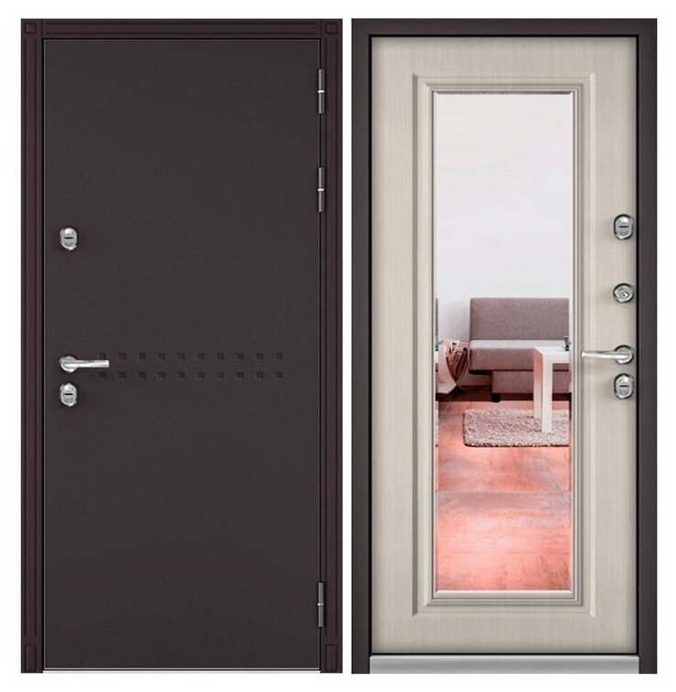 Дверь входная для дома Torex Snegir Termo 880х2050 правый тепло-шумоизоляция терморазрыв, замки 3-го класса, зеркало, коричневый/бежевый - фотография № 1