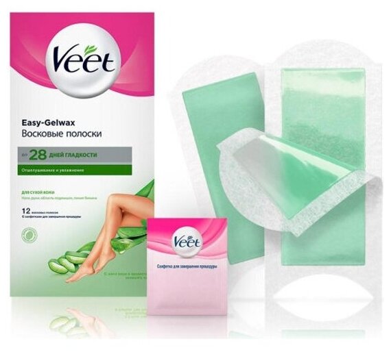 Восковые полоски Veet для сухой кожи, c технологией Easy Gel-wax, 12 шт