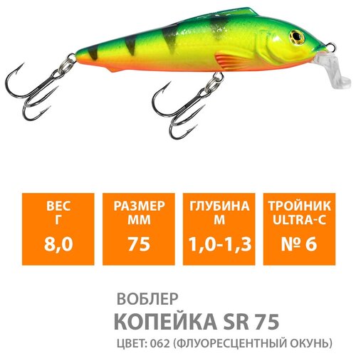 фото Воблер для рыбалки плавающий aqua копейка sr 75mm 8g заглубление от 1 до 1.3m цвет 062