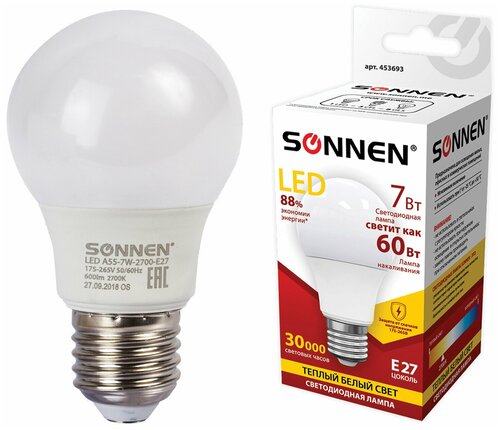 Лампа светодиодная SONNEN, 7 (60) Вт, цоколь E27, груша, теплый белый свет, 30000 ч, LED A55-7W-2700-E27, 453693 В комплекте: 2шт.