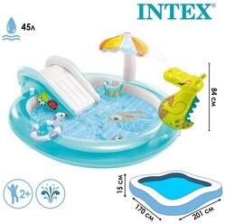 Детский надувной игровой центр с горкой и фонтаном Intex Gator Play "Крокодильчик", 201x170x84 см