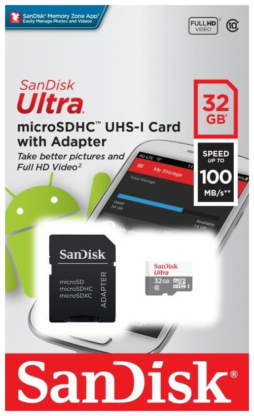 Карта памяти 32Gb MicroSD SanDisk Ultra + SD адаптер (SDSQUNR-032G-GN3MA)