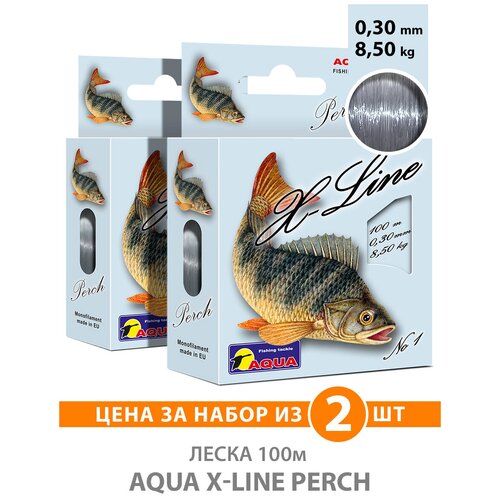 Леска для рыбалки AQUA X-Line Perch (Окунь) 100m, 0,30mm, 8,50kg / для спиннинга, троллинга, фидера, удочки / серо-стальной (набор 2 шт)