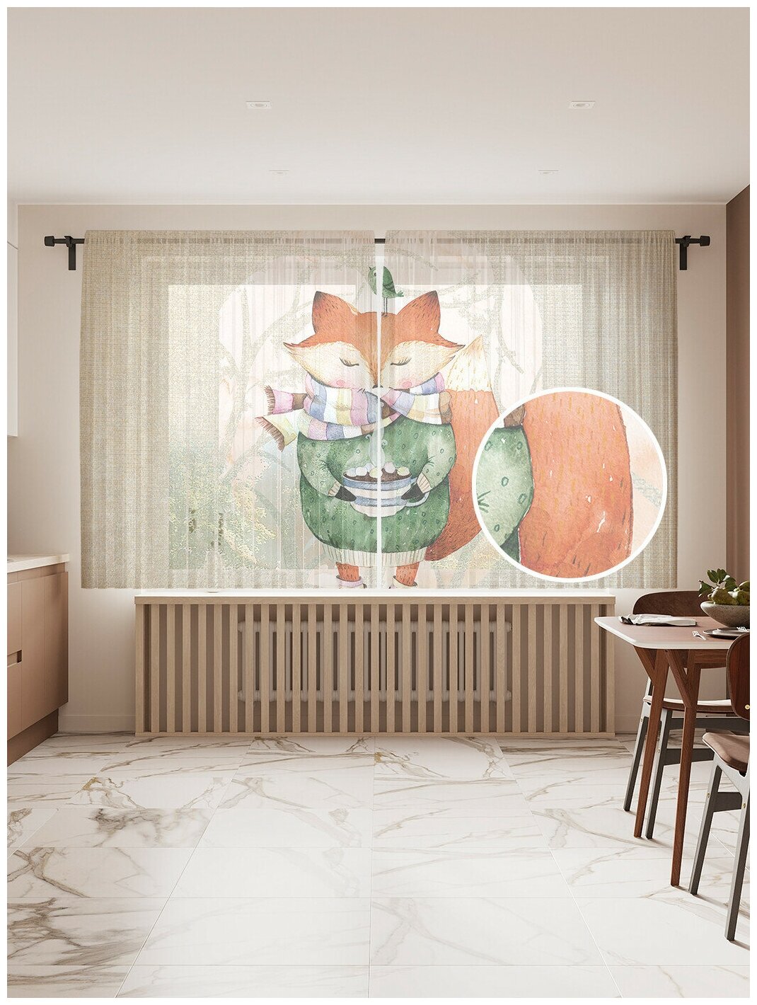 Тюль для кухни и спальни JoyArty "Уютный лисенок", 2 полотна со шторной лентой шириной по 145 см, высота 180 см.