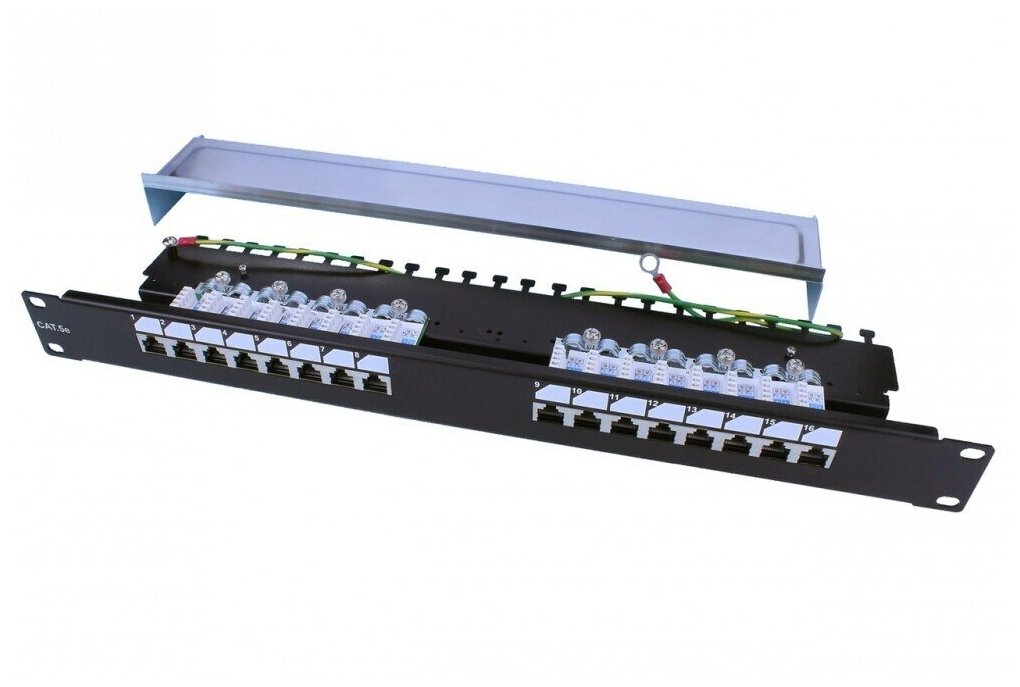 Патч-панель 19" Hyperline, 1U, 16 портов RJ-45 полн. экран, категория 5e, Dual IDC, ROHS, цвет черный