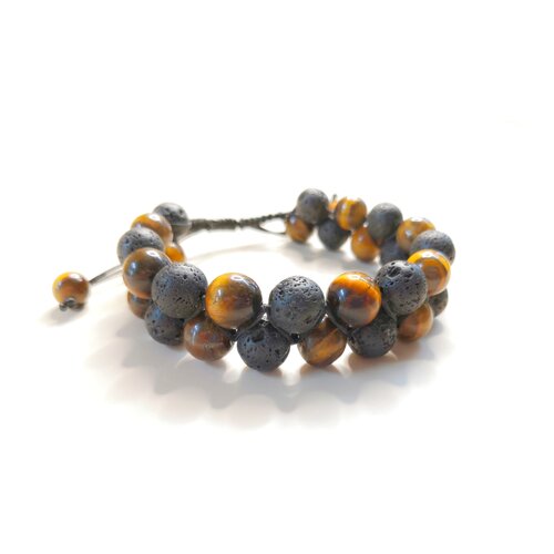 фото Браслет лава и тигровый глаз мужской из натуральных камней двойной шамбала с любовью