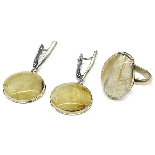 Комплект бижутерии Радуга Камня: кольцо, серьги, кварцит, размер кольца 18.5, желтый, черный