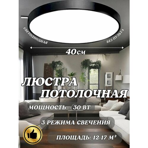 Потолочная настенная светодиодная люстра светильник черный 40см/ накладной круглый / люстра потолочная на кухню, в спальню, в прихожую