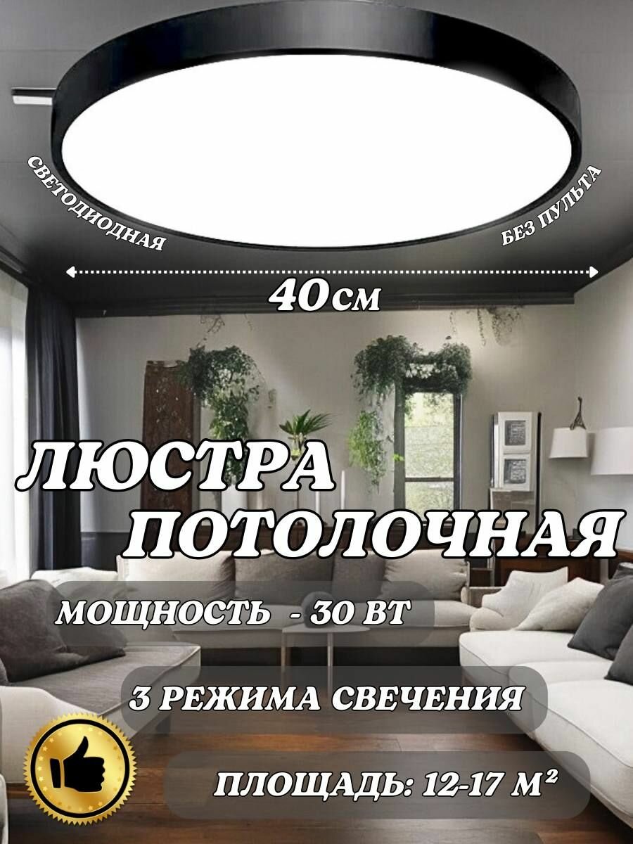 Потолочная настенная светодиодная люстра светильник черный 40см/ накладной круглый / люстра потолочная на кухню, в спальню, в прихожую