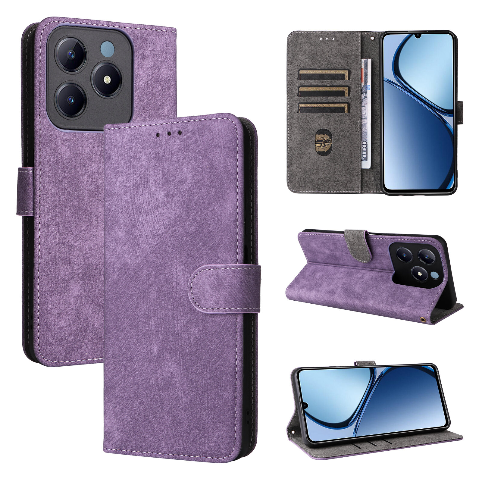Чехол книжка для Realme C61 (4G), Realme C63 (4G), Realme Note 60 (4G) c магнитной застежкой / Реалми С61, С63, Нот 60 c отделением под карты (фиолетовая) — фото 1