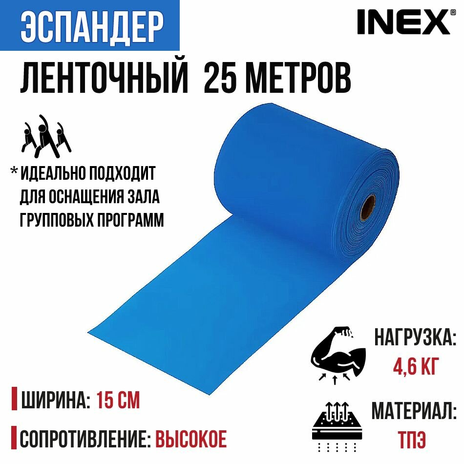 Фитнес резинка / Эспандер для пилатеса INEX Body-Band TPE, рулон 25 м, сильное сопротивление, синий