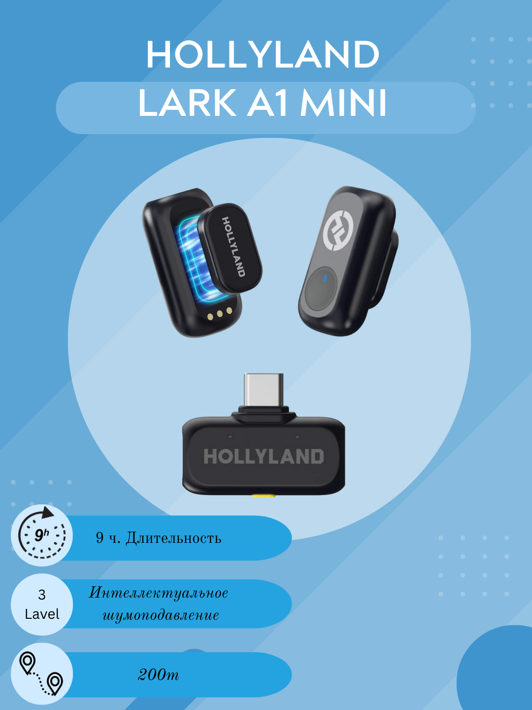 Беспроводная микрофонная система Hollyland Lark, с шумоподавлением, 2 передатчика