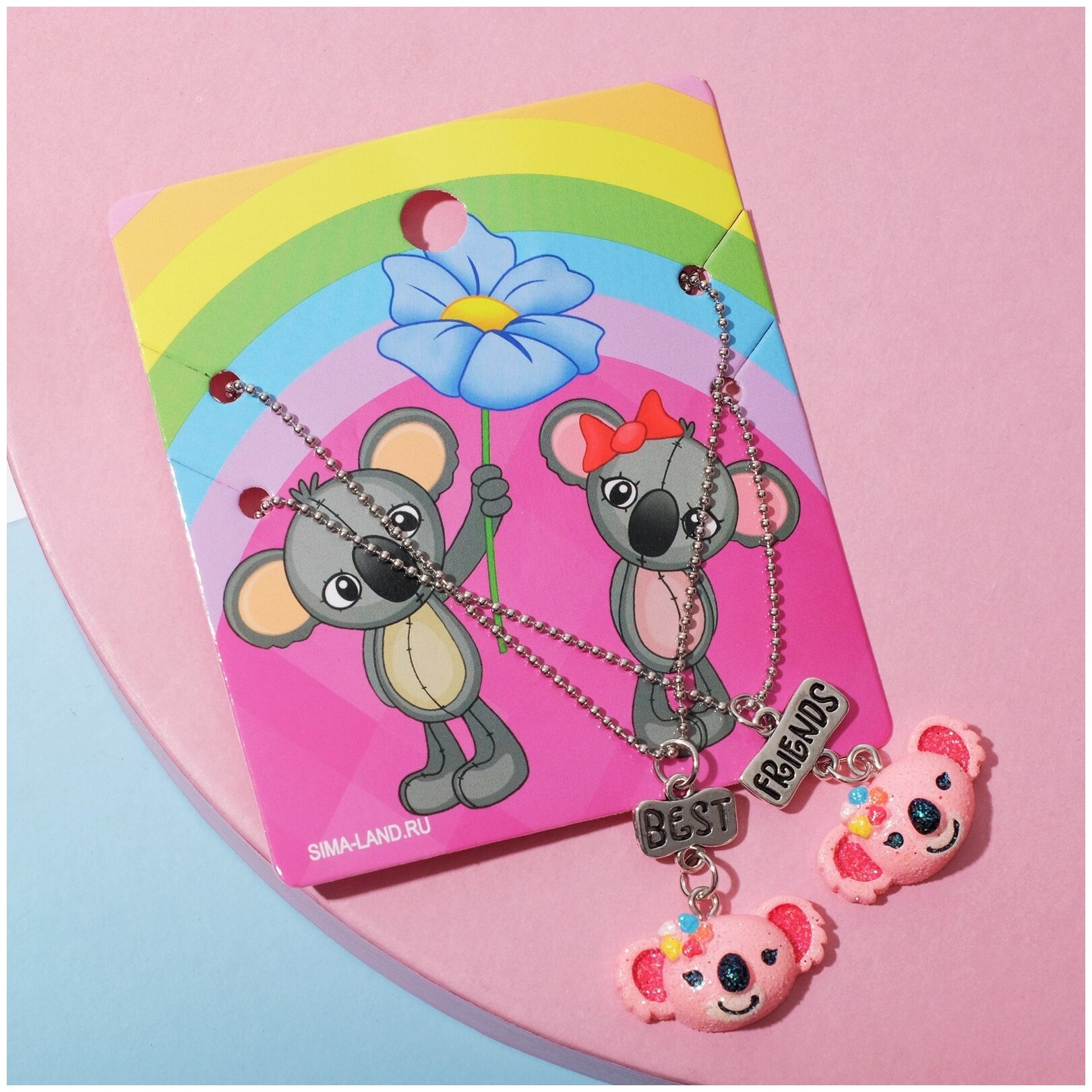 Кулоны неразлучники "Выбражулька" блестящие коалы, цвет розовый в серебре, 45 см - фотография № 3