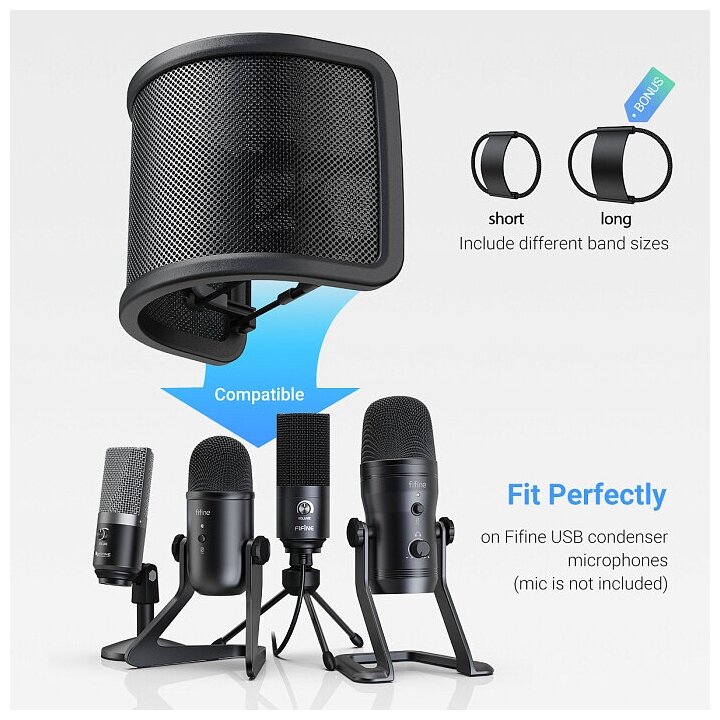 Универсальный поп-фильтр с металлической сеткой Fifine U1 для конденсаторных микрофонов (Pop-filter для микрофонов всех популярных брендов Black)