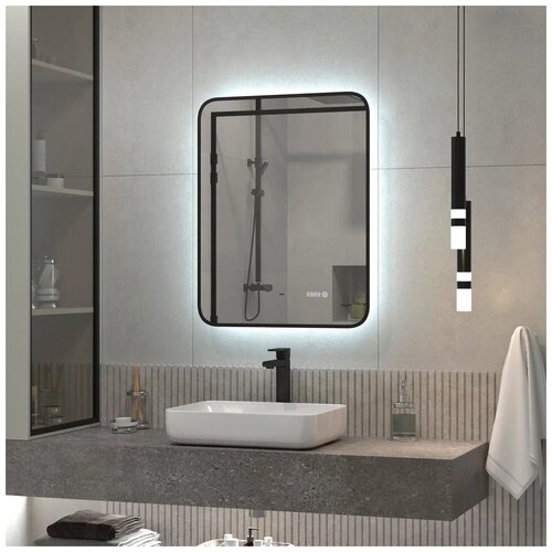 Зеркало для ванной с фоновой подсветкой, диммером и часами Reflection Black View черное 500х700 RF4001BV