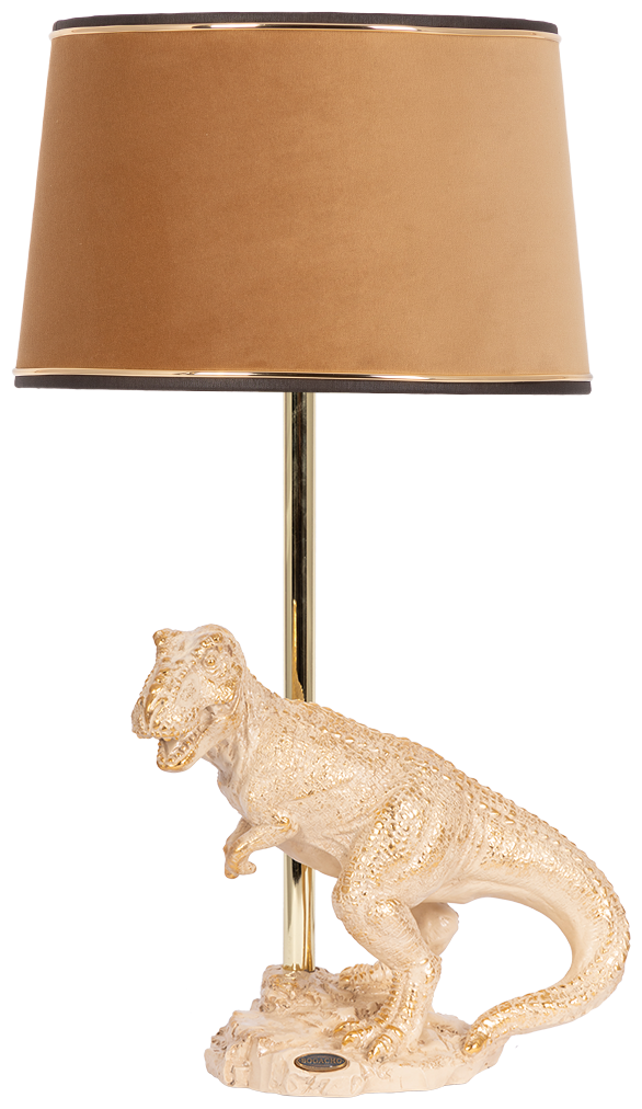 Настольная лампа Bogacho Динозавр Тирекс кремовая с абажуром светло коричневого цвета из велюра ручная работа