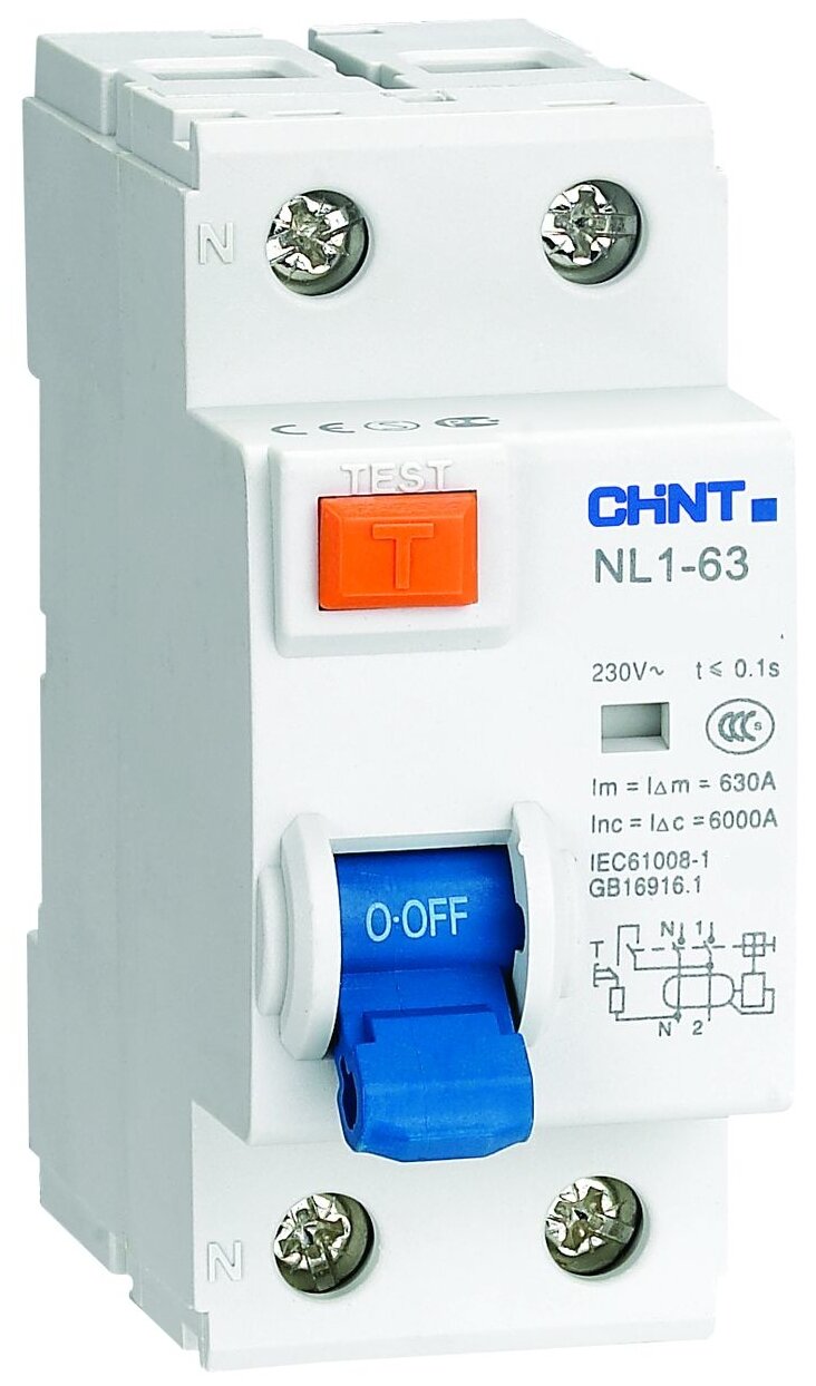 фото Дифференциальный автомат CHINT NL1-63 6kA 2P 30mA тип AC 2П 6 кА AC электромеханический