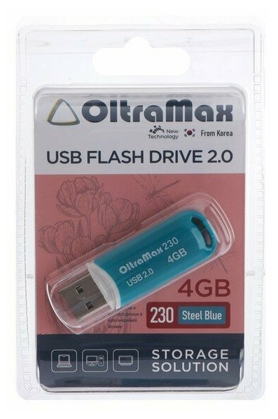 Флешка OltraMax 230, 4 Гб, USB2.0, чт до 15 Мб/с, зап до 8 Мб/с, синяя