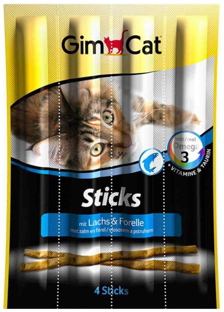 Лакомство для кошек GimCat Sticks Лакомые палочки с лососем и форелью, 20г х 4шт. в уп. 80 г - фотография № 2