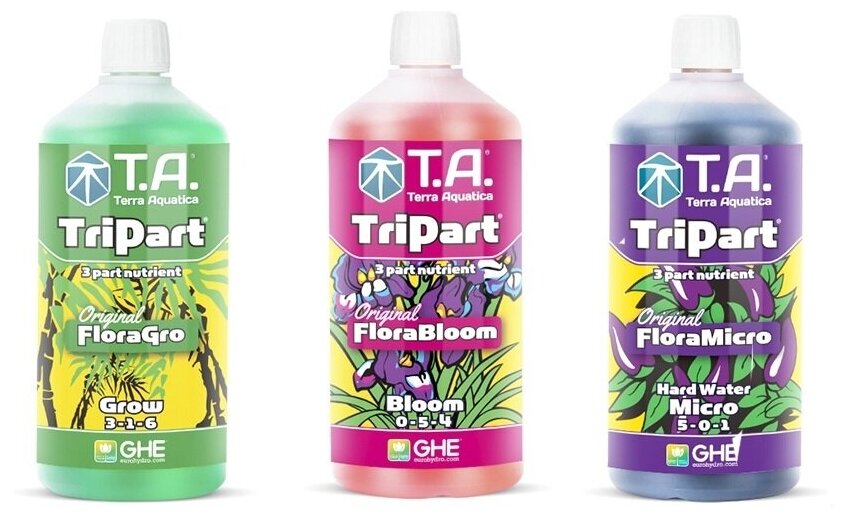 Набор удобрений Terra Aquatica (GHE) TriPart Bloom + Grow + Micro HW, 3 х 1л - фотография № 2