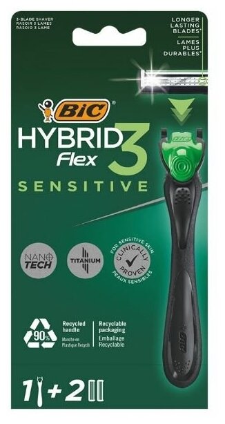 BIC FLEX 3 HYBRID SENSITIVE мужской станок для бритья+2 сменные кассеты (три лезвия)