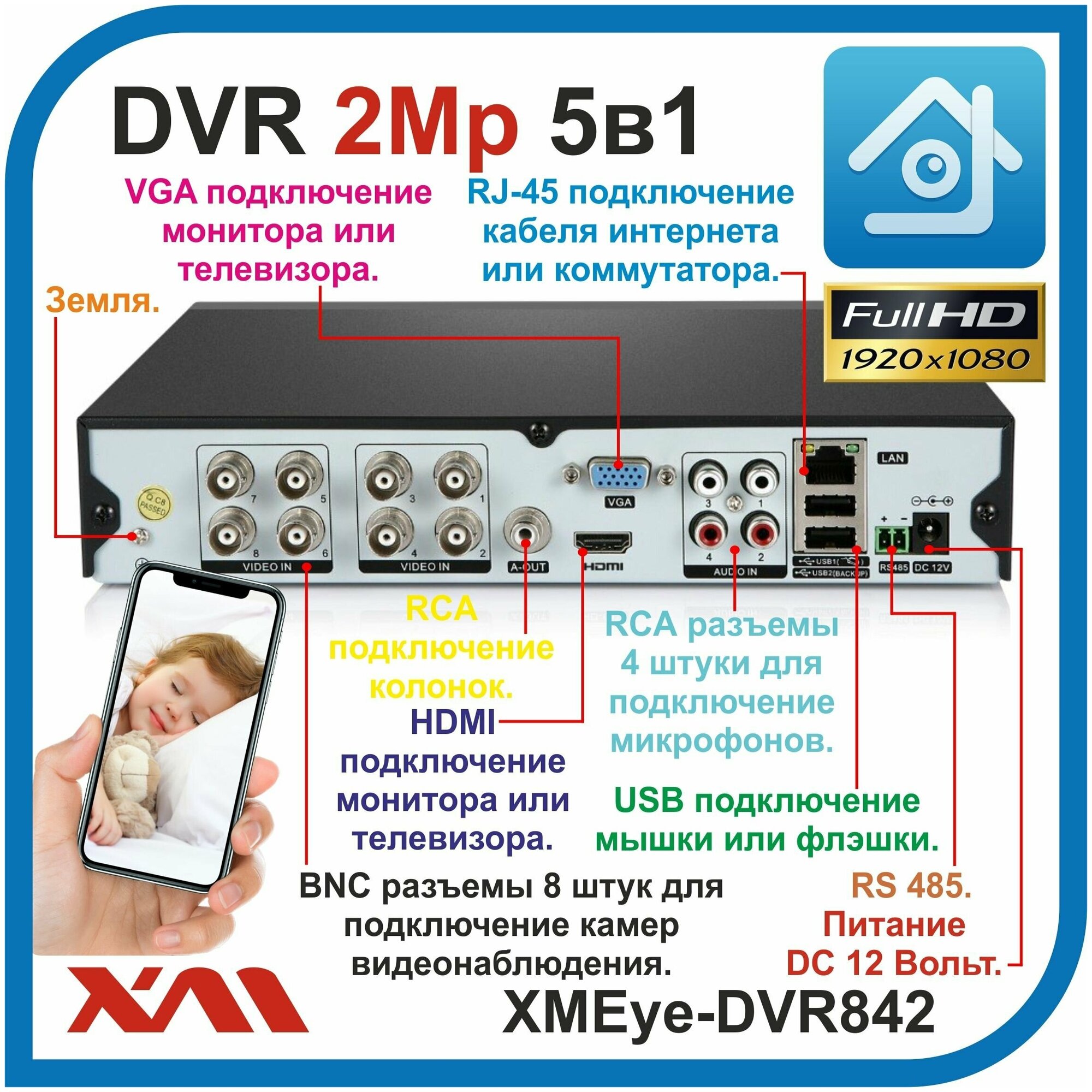 Регистратор для камер видеонаблюдения XMEye-DVR842 (AHD XVI CVI TVI CVBS) 8 Видео 4 Аудио