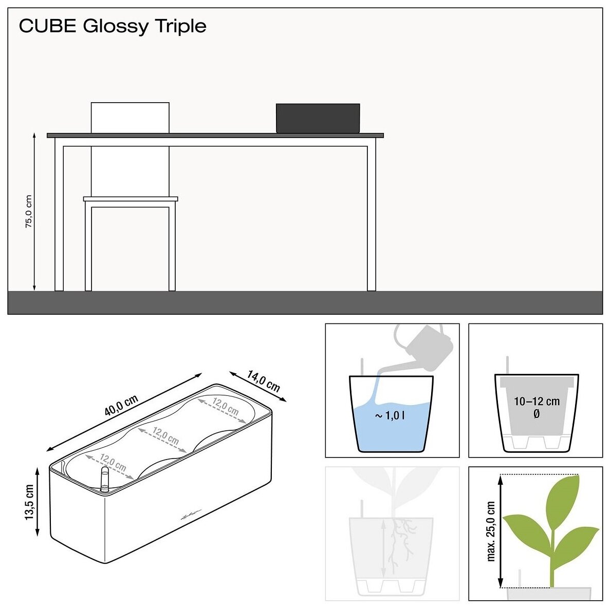 Кашпо с автополивом Lechuza CUBE Glossy Triple белое L40 W14 H14 см