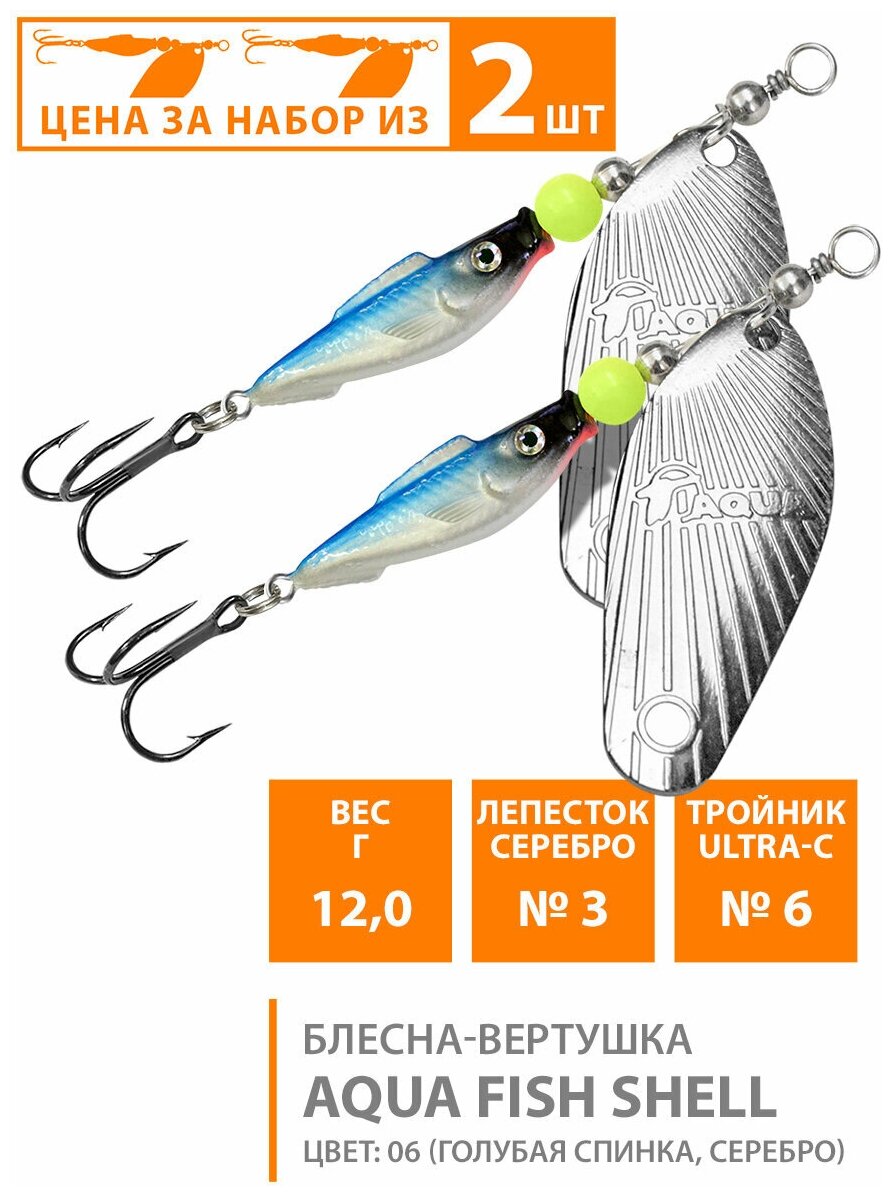 Блесна вертушка для рыбалки AQUA Fish Shell-3 12g цвет 06 (набор 2шт