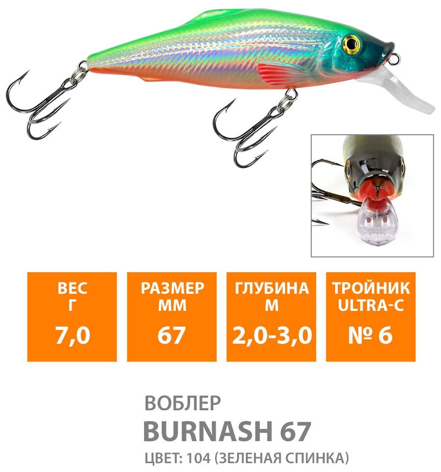 Воблер для рыбалки AQUA BURNASH 67mm, вес - 7,0g, цвет 104 (серебристо-зеленый клоун)