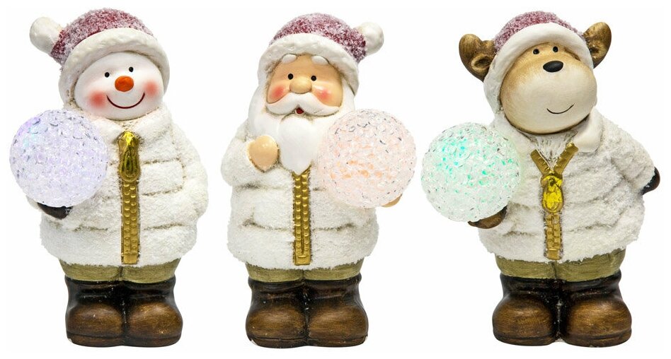 Керамические фигурки "Дед Мороз, Снеговик и Олененок" 10*9*13 см, цвет свечения: RGB